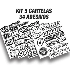 Kit 5 Cartelas Adesivos Vinil Laminado Preto e Branco 22x15cm à Prova D’Água, Não Desbota e Alto Brilho Moto Bike