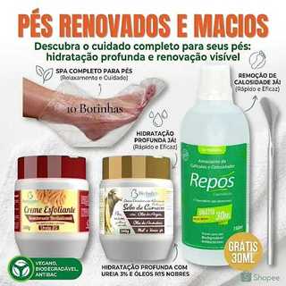 🦶 KIT SPA DOS PÉS COMPLETO | Amaciante de Calosidades Repos 150ml + 2 Cremes com Ureia + 10 Botinhas + Espátula 222.