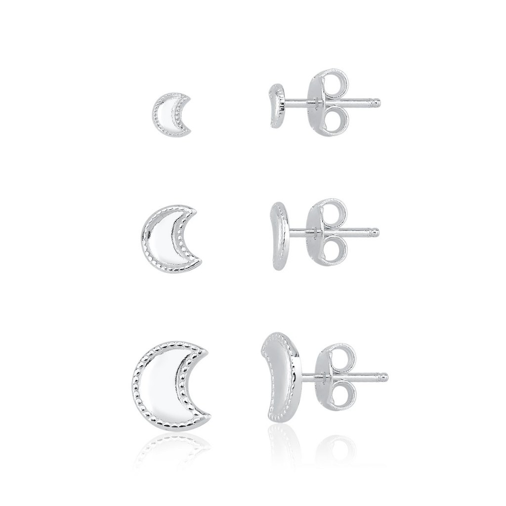 Trio de Brincos Feminino de Prata 925 Lua Detalhada