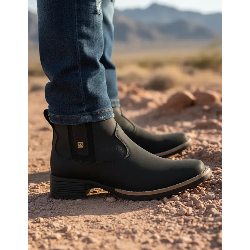 Botina Feminina Zebu Nobuck Preto Bota Country Em Couro Legítimo Com Bico Quadrado Cano Curto