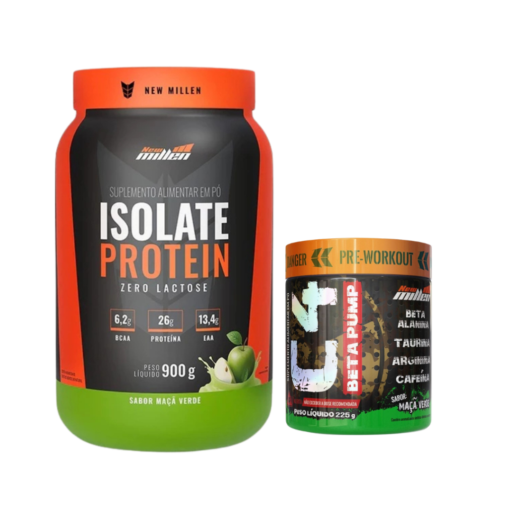 Kit Whey Zero Lactose Isolate Protein 900g + Pre Treino 200mg de Cafeína C4 Beta Pump - New Millen