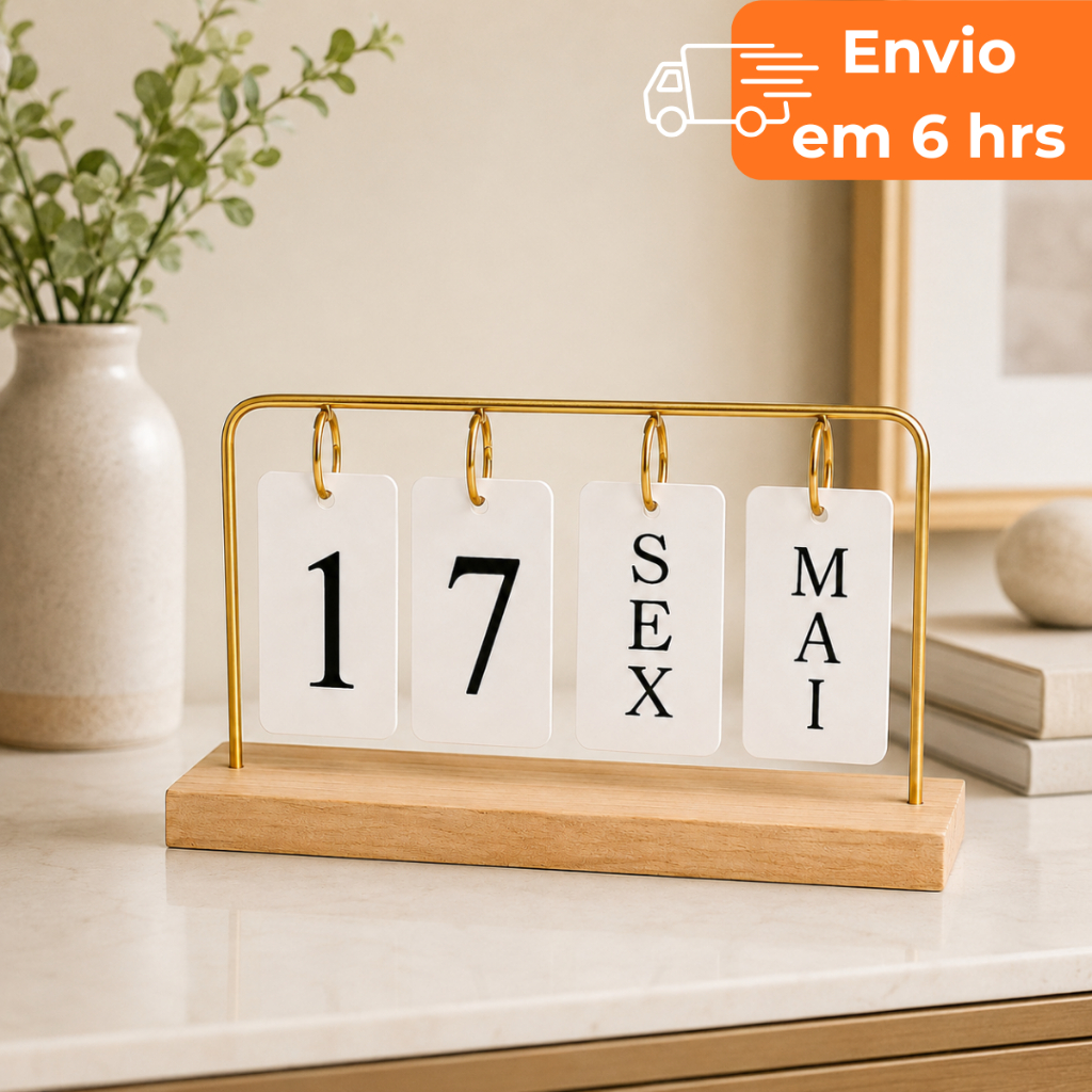 Calendário de Mesa Decorativo Permanente Plaquinhas Frente e Verso Preto Dourado para Escritório Casa