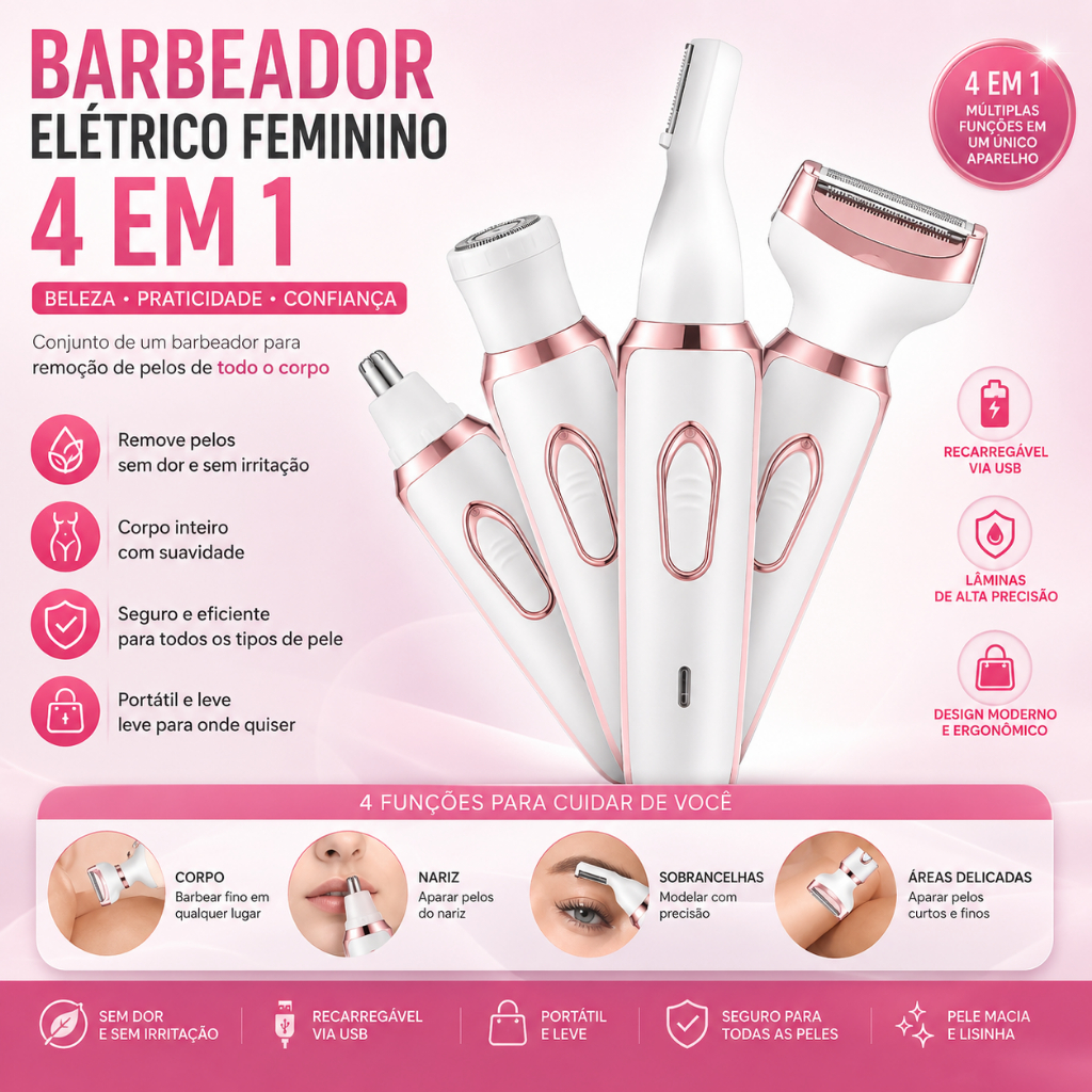 Depilador Elétrico Feminino 4 em 1 Multifuncional, Recarregável, Portátil Aparador de pelos feminino