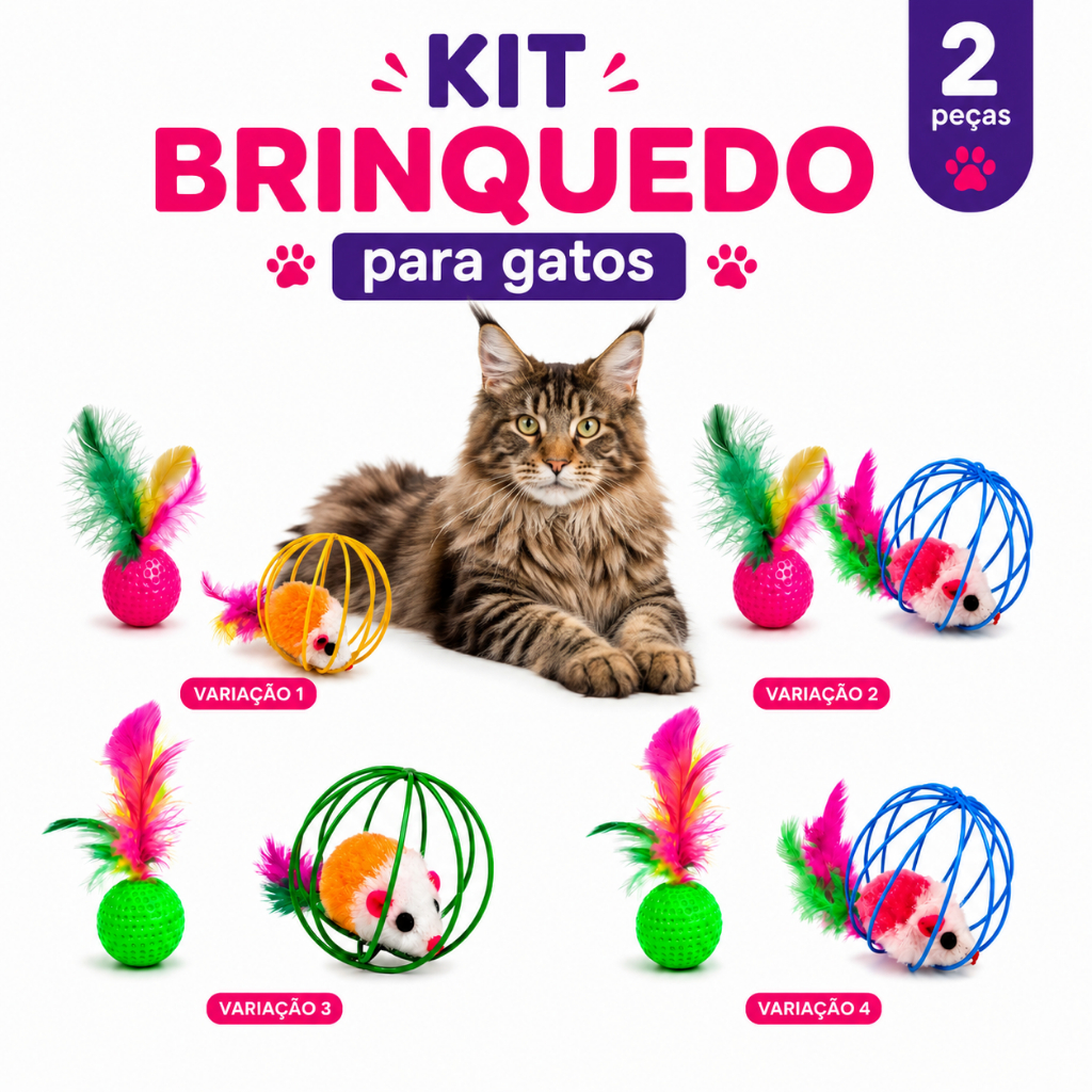 2 Brinquedos Interativos Anti Estresse  Bolinha Pena Ratinho na Gaiola Kit Pet Para Gatos