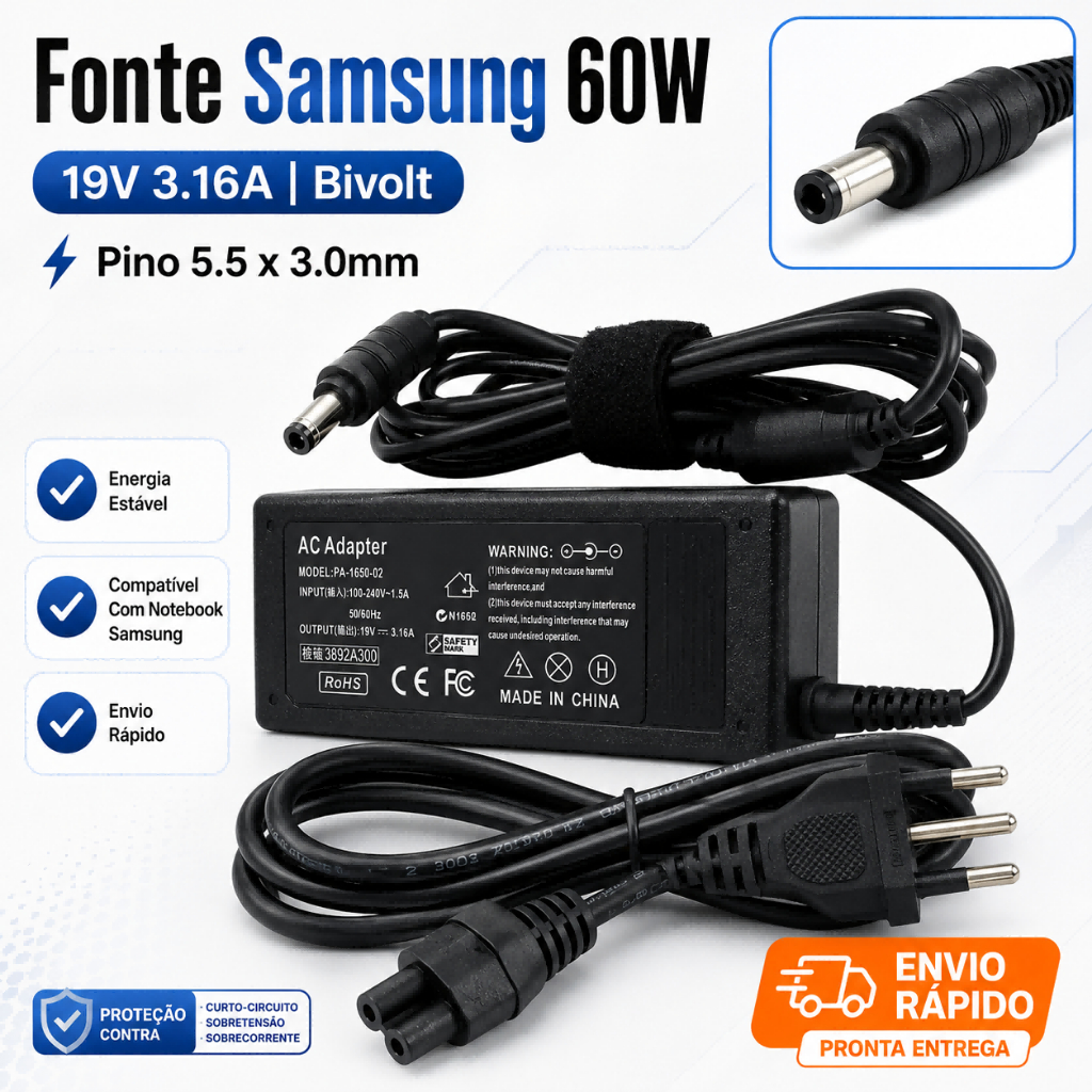 Fonte Carregador Compatível Notebook Samsung 19V 3.16A 60W Bivolt Pino 5.5x3.0mm RV411 RV415 RV420