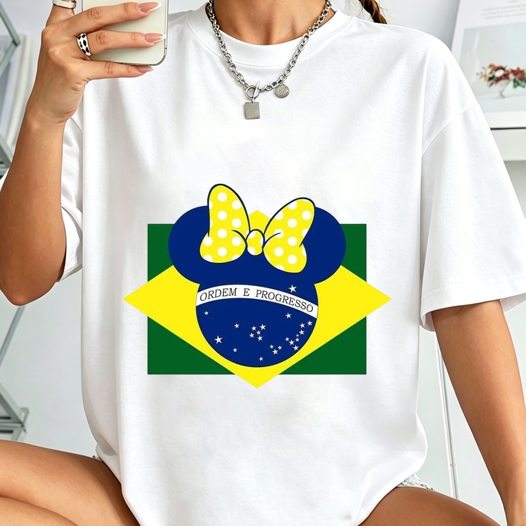 Camiseta Oversized Feminina Minnie Brasil Torcedora Seleção Brasileira, Camiseta Algodão Tamanhos Grandes até G3