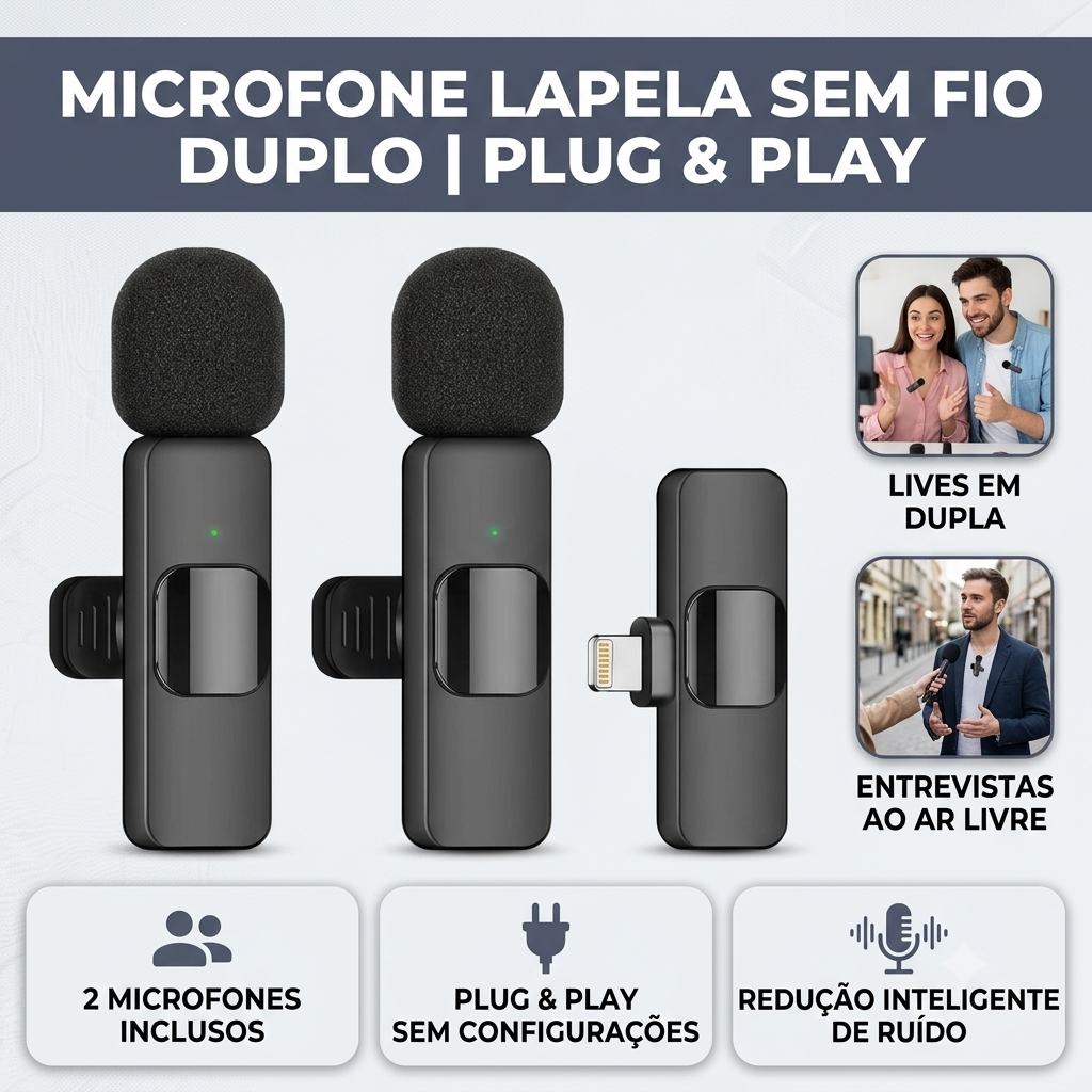 Kit Microfone Lapela Dois Transmissores, Ideal para Entrevistas Duplas, Lives com Parceiro e Vlogs