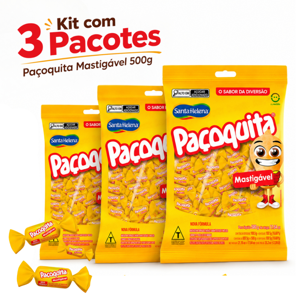 Kit 3 Pacotes Bala Paçoquita Mastigável 500g Santa Helena