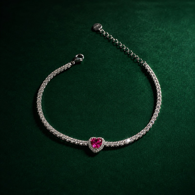Pulseira Prata 925 Riviera Coração Rosa Delicada e Elegante