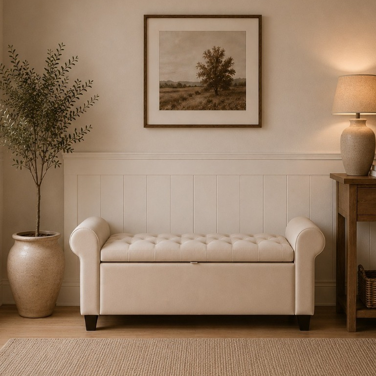 Baú Recamier Divã Paris 90cm Bege Cama Quarto Organizador Espaçoso Sapateira De Luxo Acabamento Sofisticado