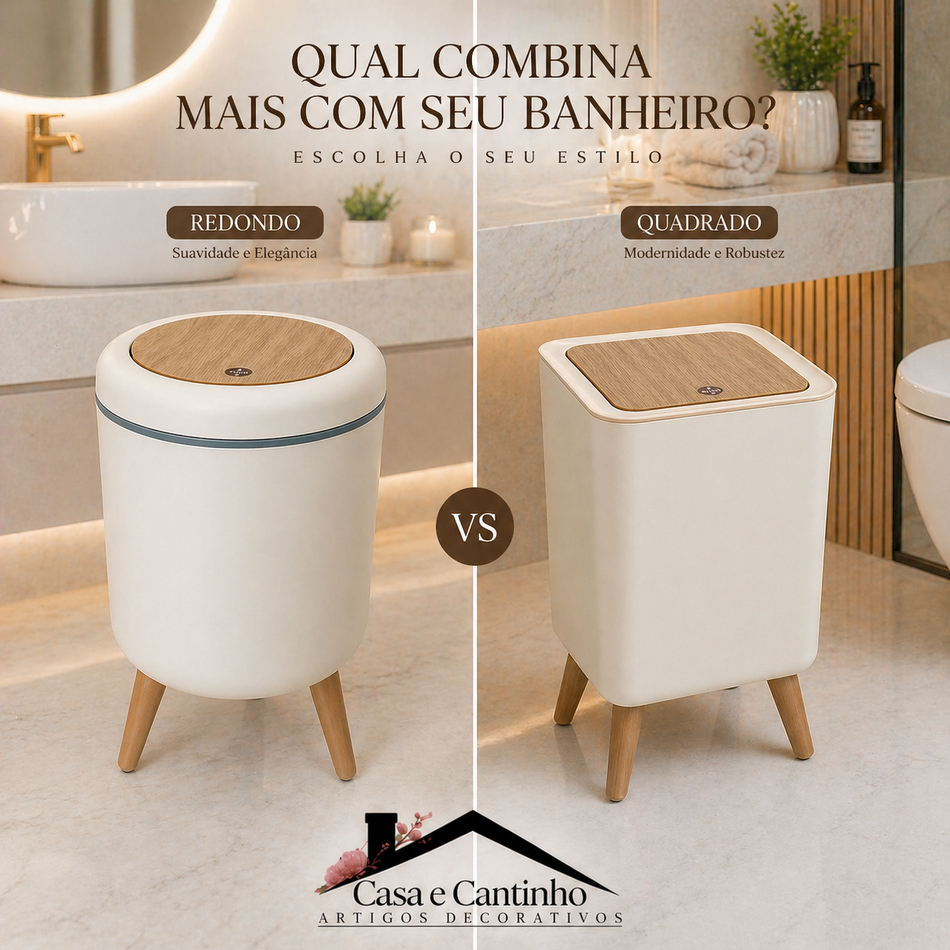 Lixeira Redonda Plástico 7L Branca Chanfrada Com Pés De Bambu Tampa Click Pressão Cozinha Banheiro
