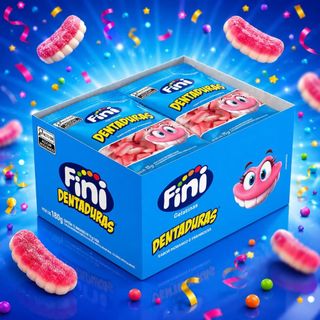 Balas Fini 15g Mini Dentaduras Gelatina Morango Framboesa Caixa Com 12 Unidades