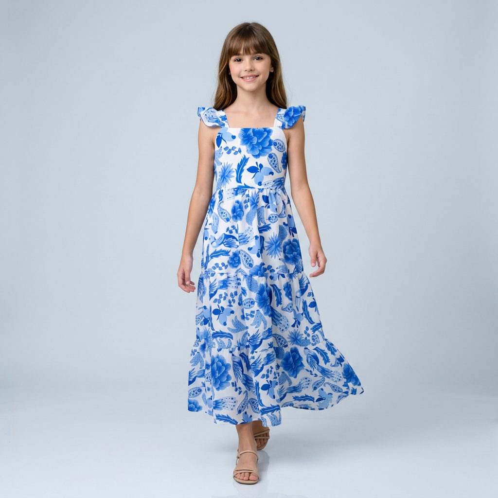 Vestido Longo Juvenil Farm Feminino Moda Menina Casual Boho Elegante Floral Verão Tendência Estampad