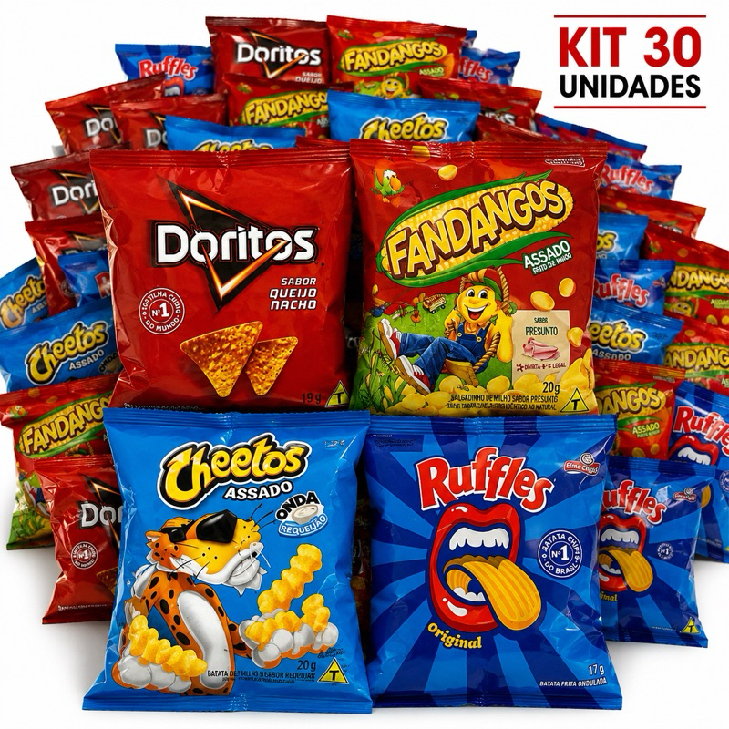 Kit 30 Salgadinhos Sortidos Doritos Cheetos Ruffles Fandangos Festa Lanche Envio Imediato