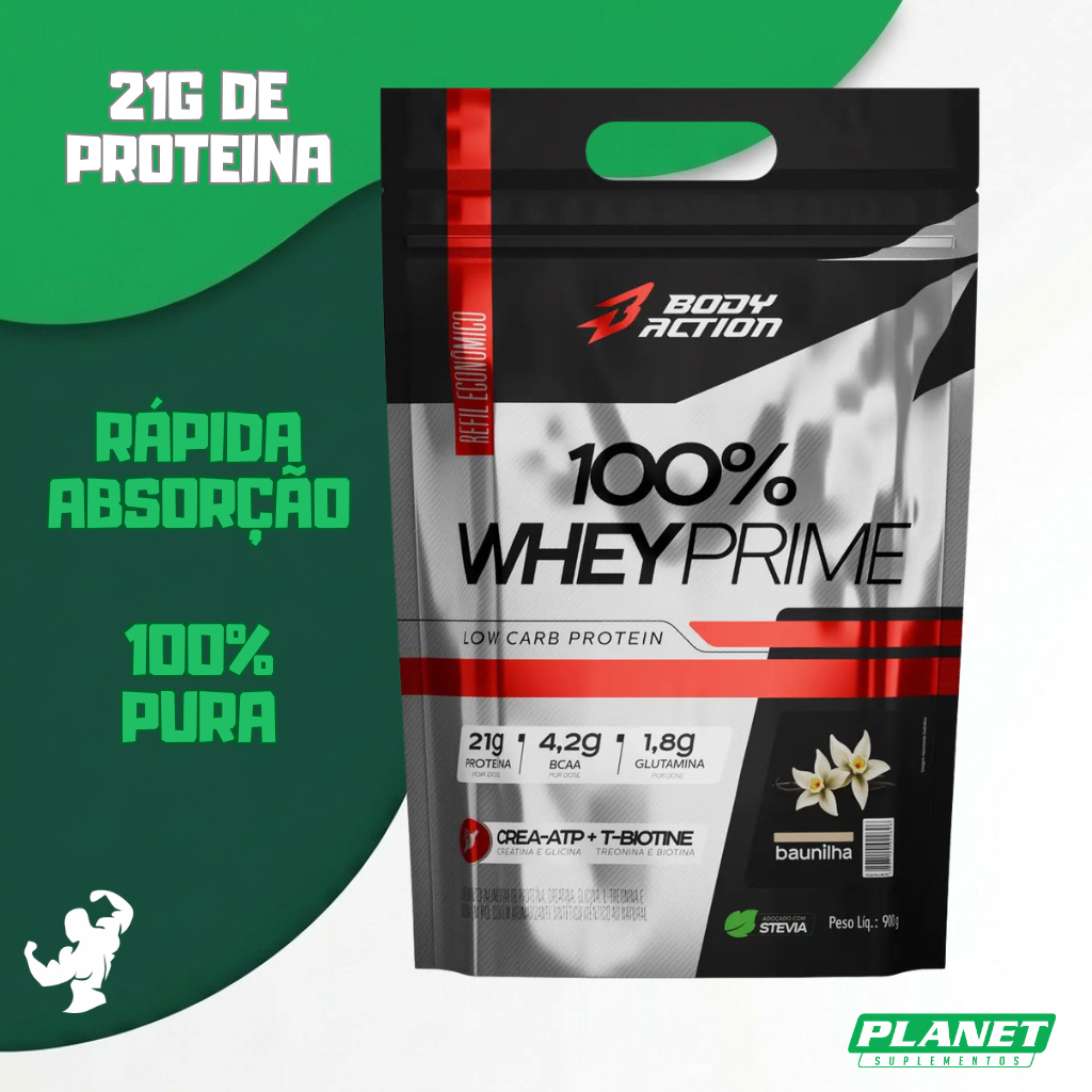 100% Whey Prime Refil 900g Bodyaction Proteina Massa Muscular Energia Treino Academia Top OriginalX
