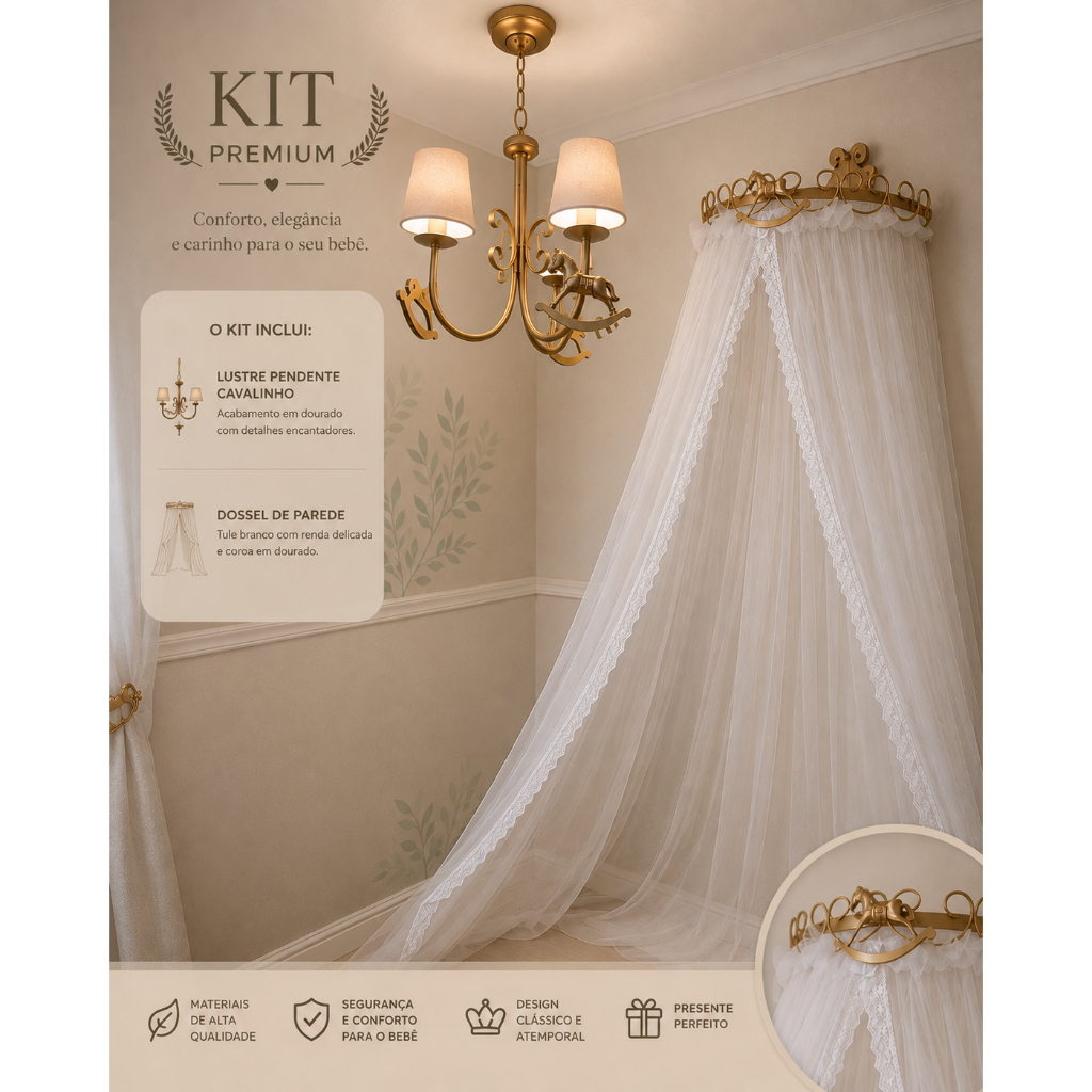 Kit Cavalinho Dossel Mosquiteiro e Lustre Cavalinho Quarto Bebê Cavalo Balanço