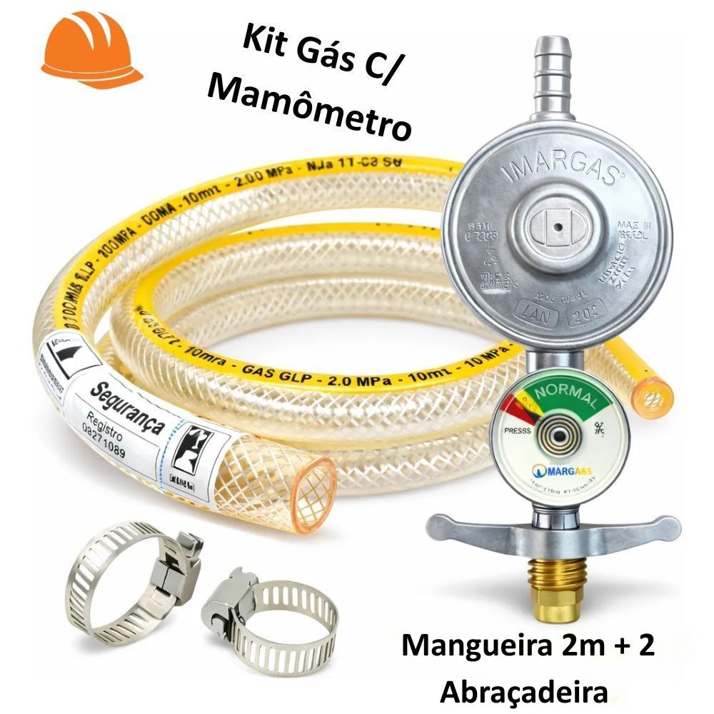 Kit Registro Gás 1kg C/ Manômetro + Mangueira 2m + 2 Abraçadeiras