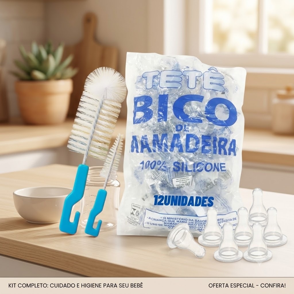 Kit Bico de Mamadeira Redondo 100% Silicone Tetê + escova para limpeza