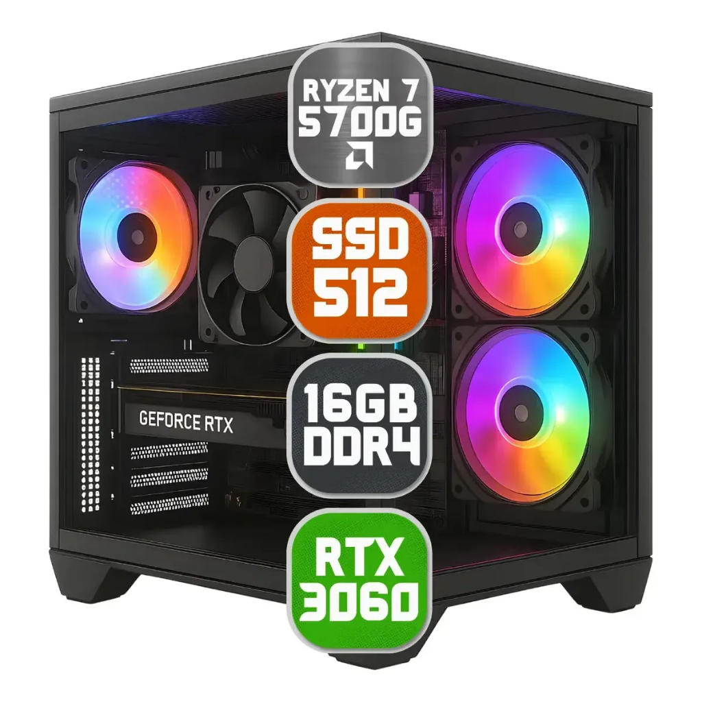 Pc Computador Gamer AMD Ryzen 7 5700g, Rtx 3060, 16gb DDR4, nvme 512gb - Gabinet