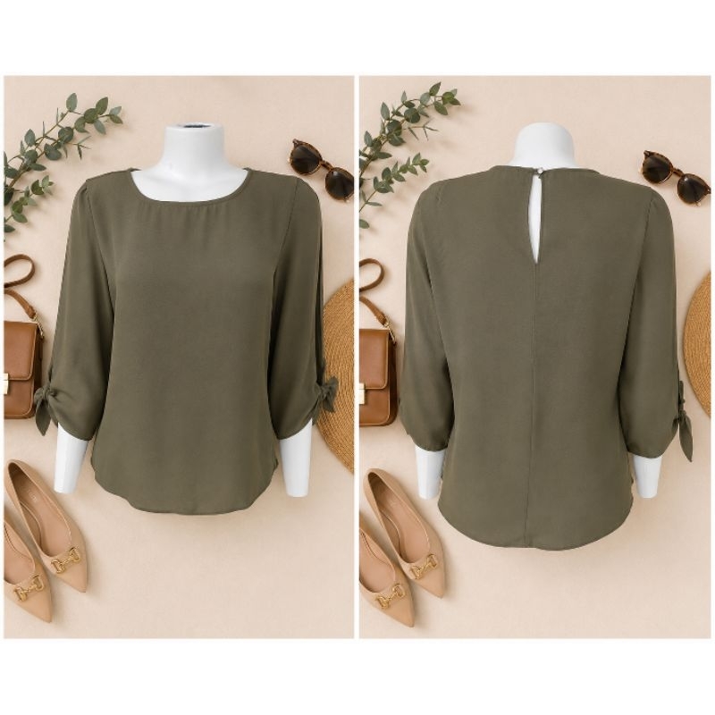Blusa Feminina Siberian Verde Musgo Manga 3/4 Com Amarração Elegante Tamanho 38