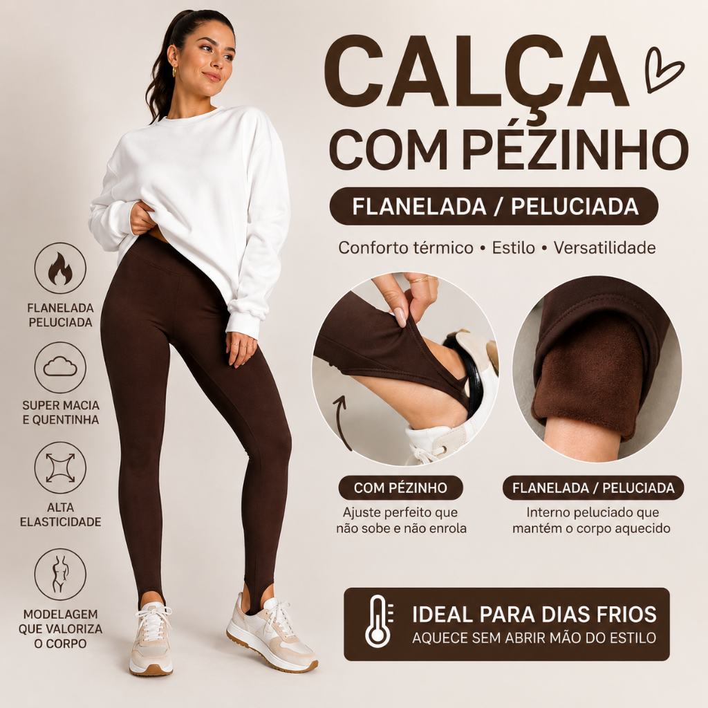 Calça Fuso Legging Flanelada Peluciada Com Pézinho Feminina Térmica Inverno Cintura Alta Não Transparente