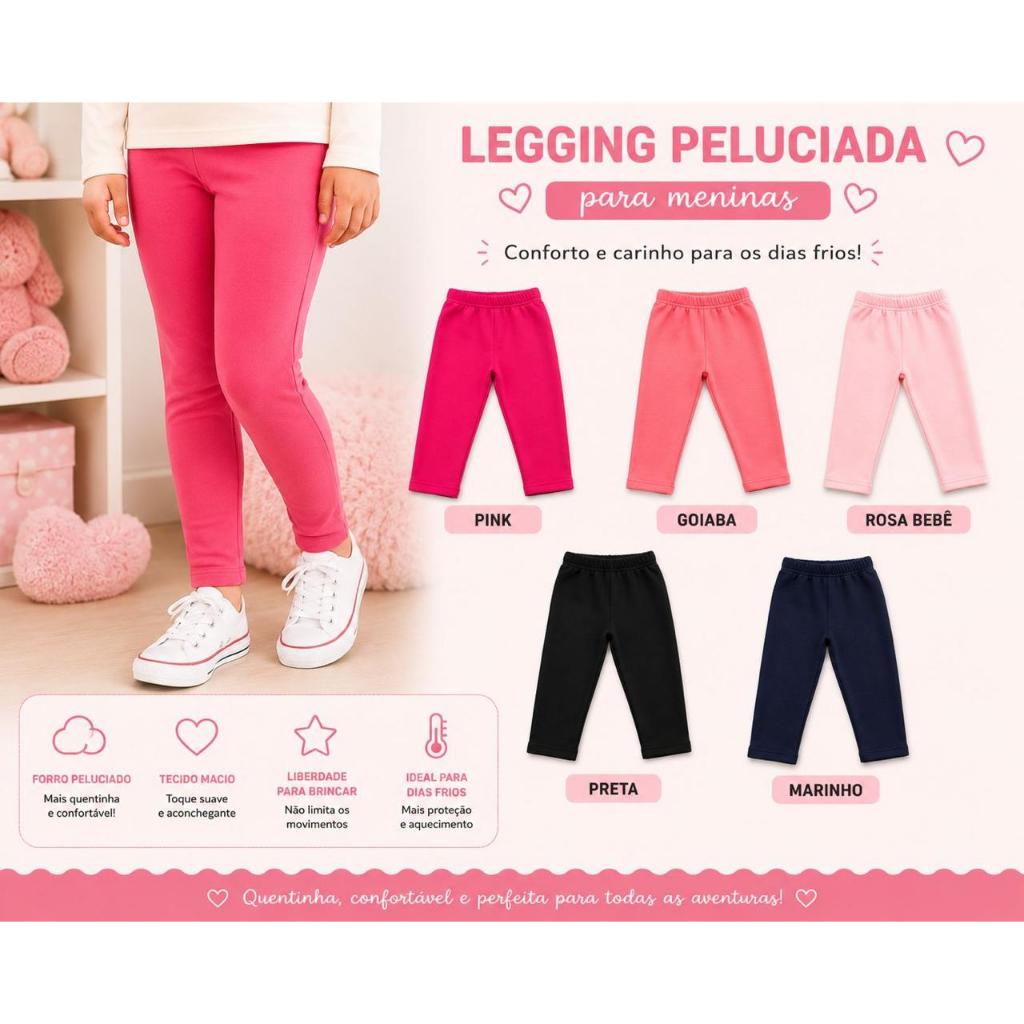 Calça Legging Lisa Escolar Menina/Feminina Infantil do 1 ao 14 Peluciada Flaneldada Quentinha