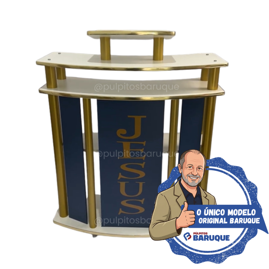 Púlpito Madeira Branca Tubo Dourado Placa Azul E Friso M09
