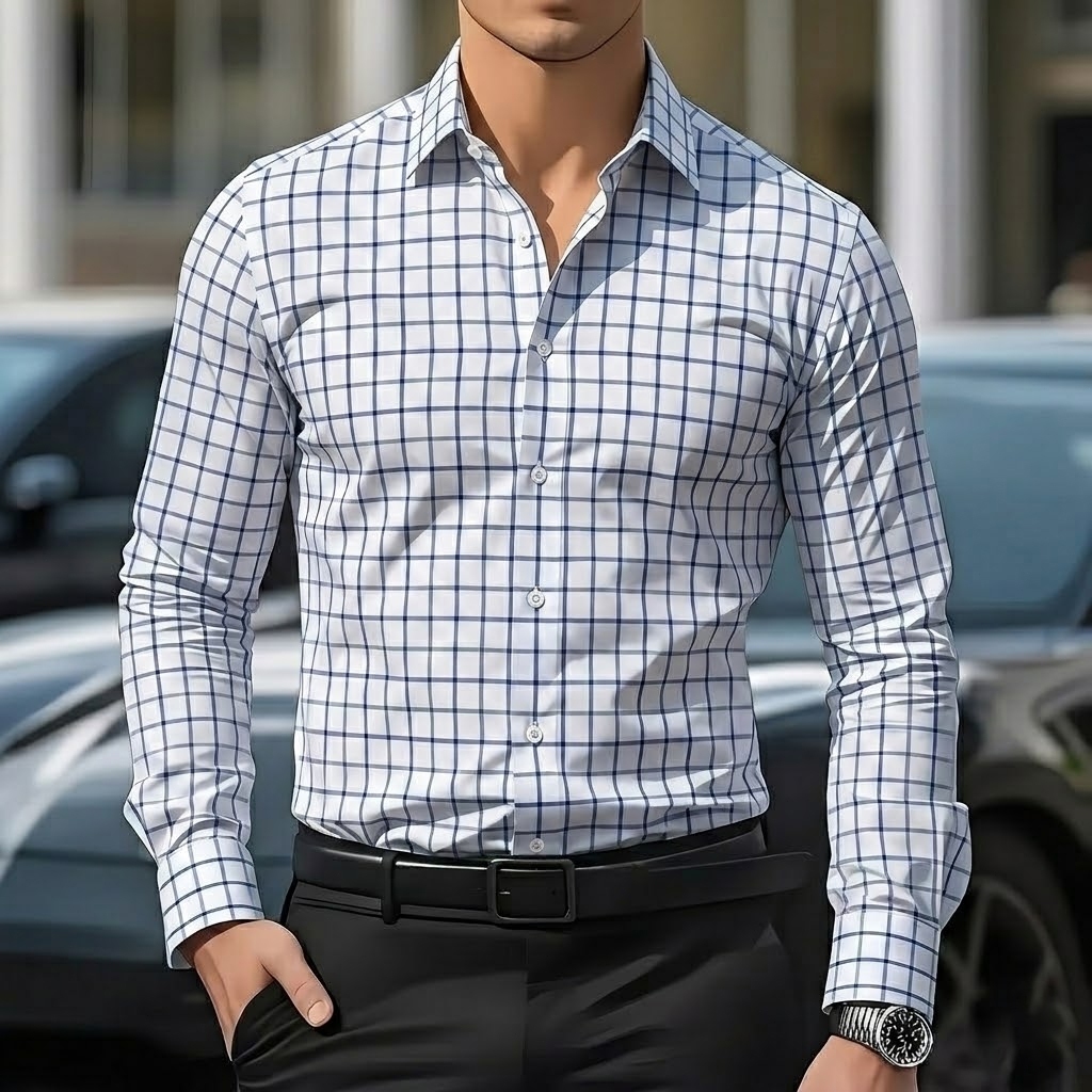 Camisa social manga longa Xadrez Casual De Boa Qualidade Slim Fit Com Elastano