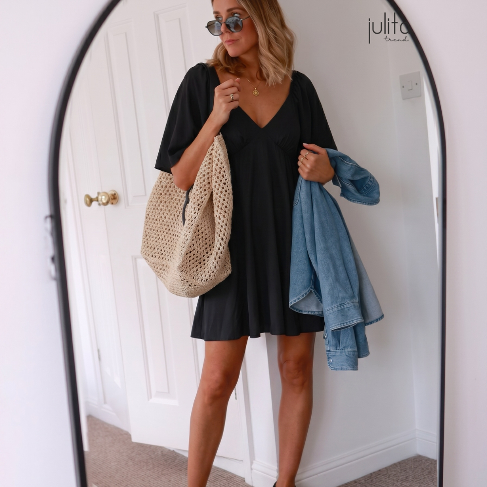 Vestido Feminino Curto Viscolinho com Forro Manga Flare Lastex Costas Casual Moda Tendência Confortável P GG
