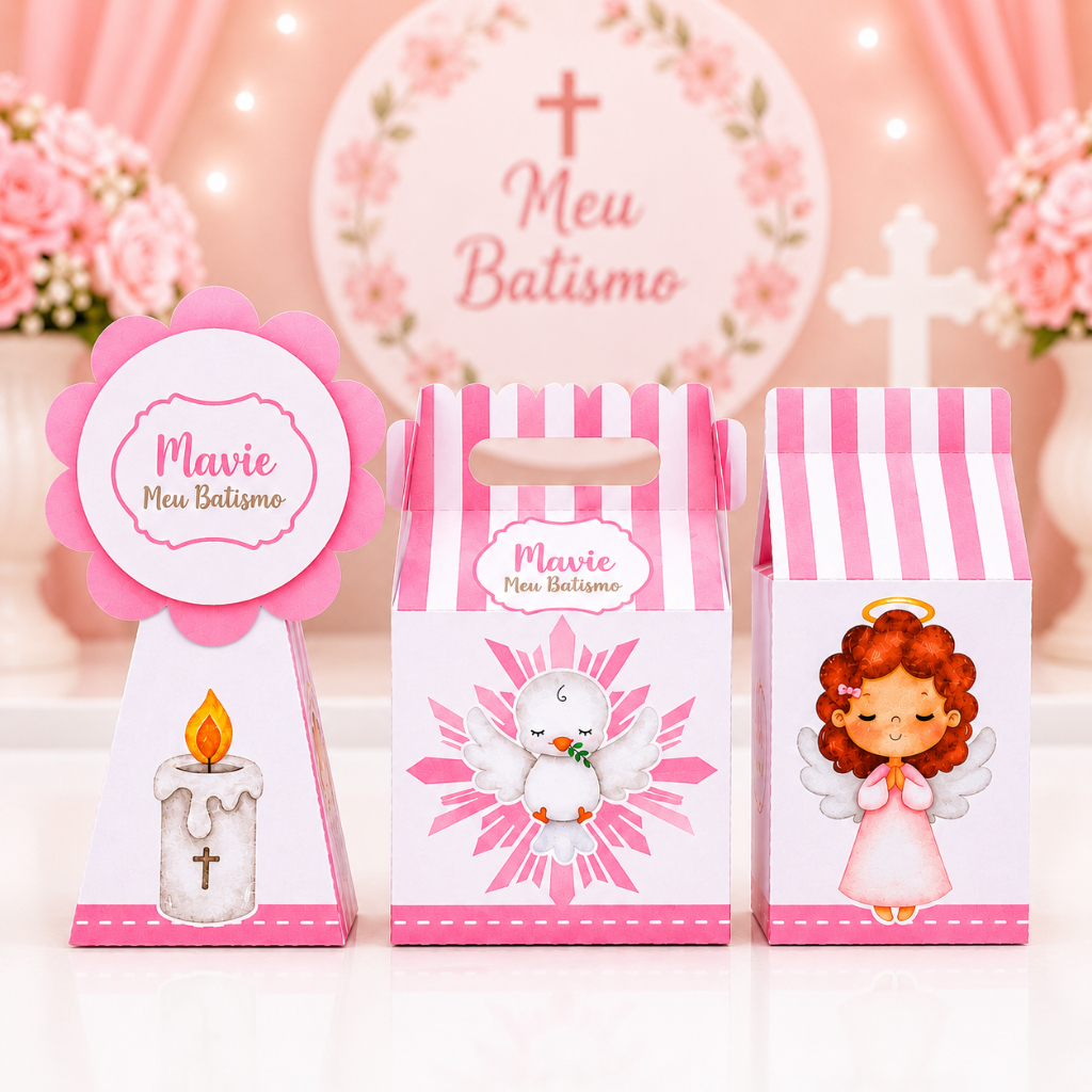 Kit Lembrancinhas Papelaria Personalizada Caixinhas Batizado Menina Rosa