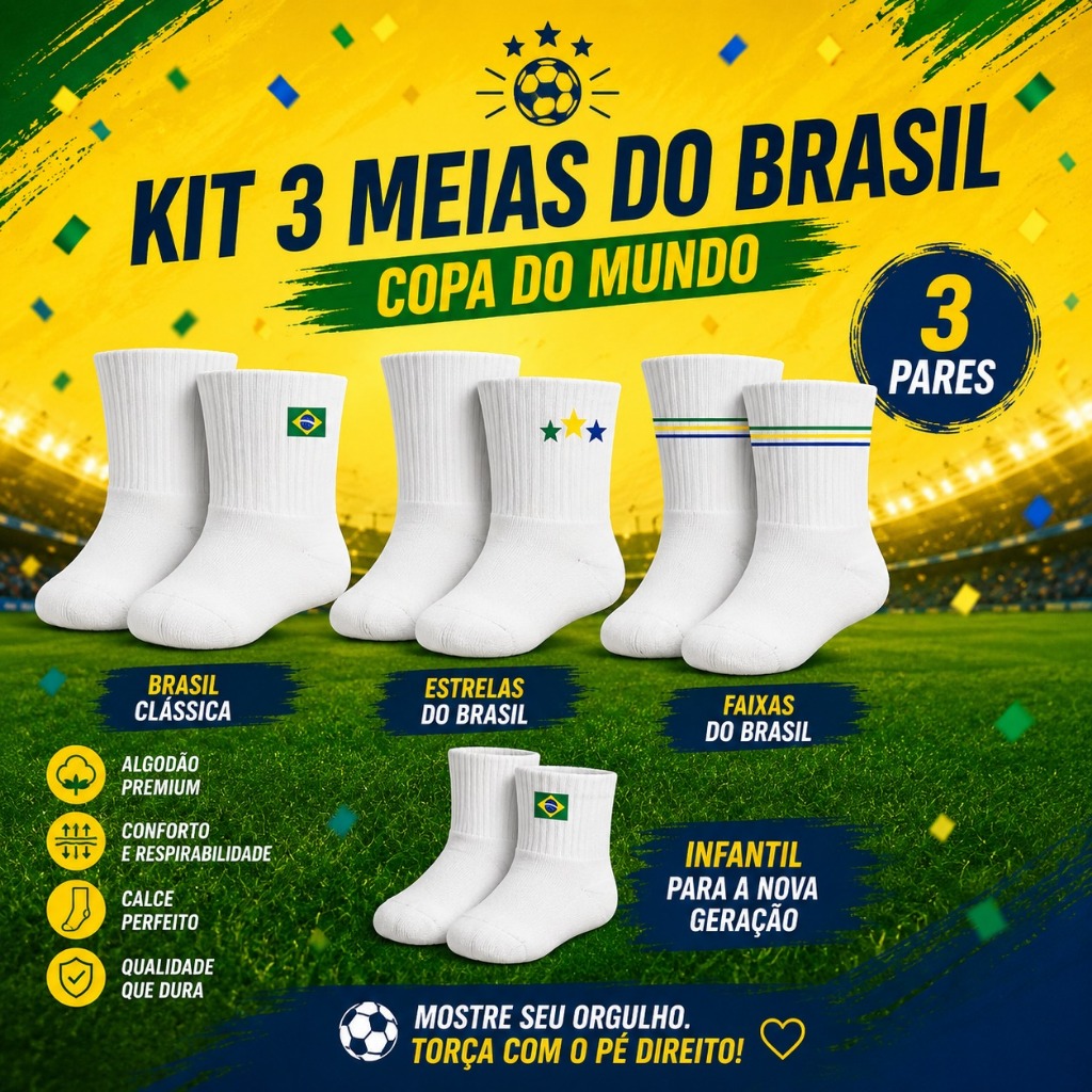 Meia Infantil BB ao G Canelada Copa Do Mundo Brasil  - Kit C/ 3 Pares Branco