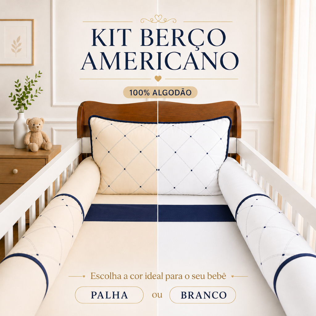 Kit Berço Padrão Americano Menina Menino  Veneza Bordado Algodão Com lençol de Elástico Mosquiteiro