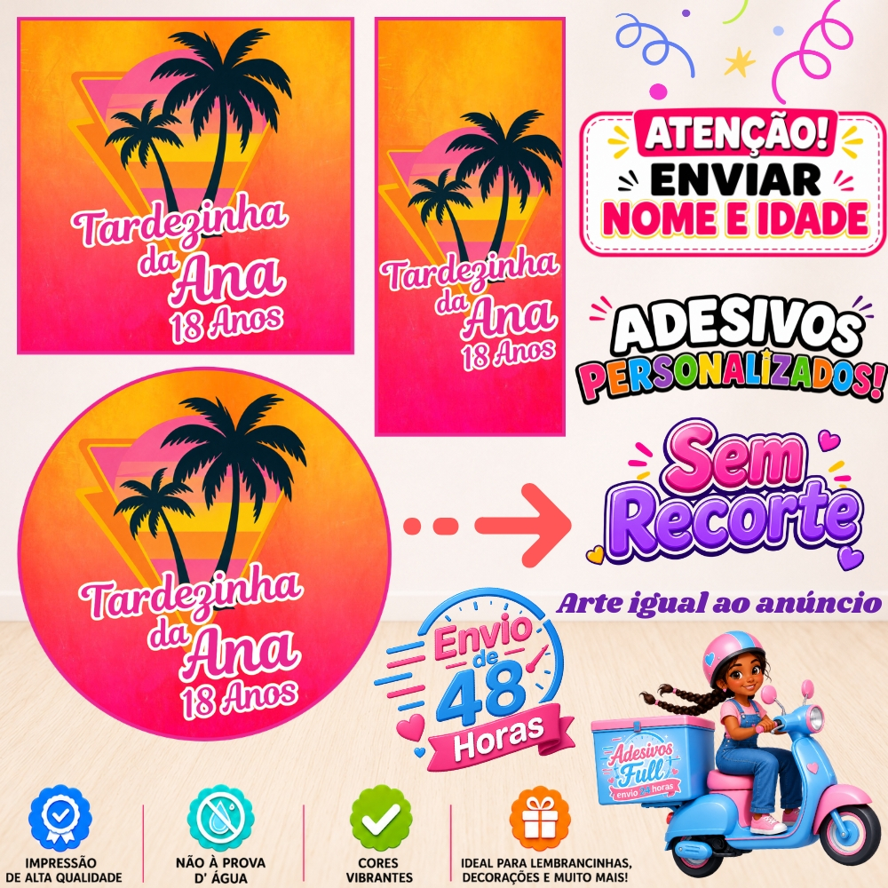 Tardezinha Rosa e Laranja - 100/60/40 Adesivos Personalizados Lembrancinhas Festa Aniversário