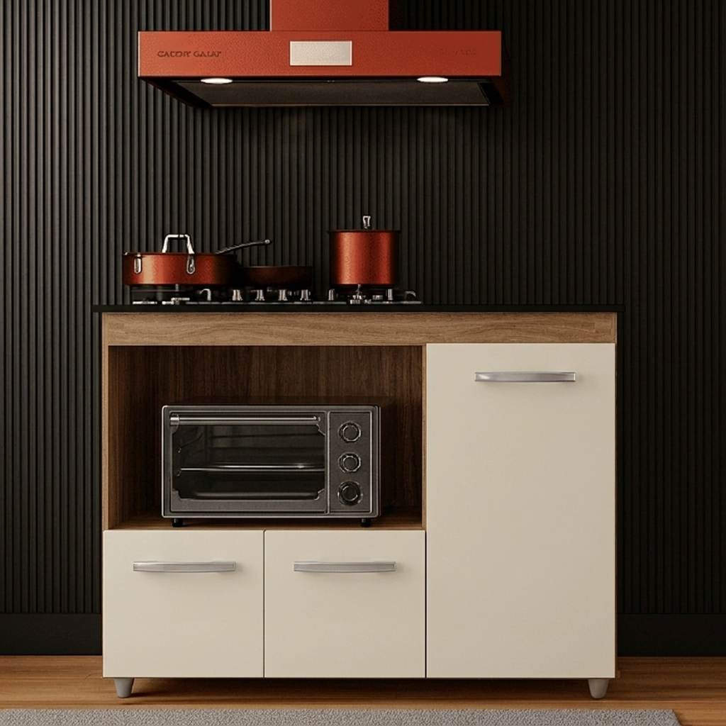 Balcão de Cozinha para Cooktop 5 Bocas Ana 3 Portas Savana Preto