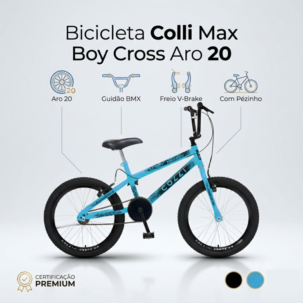 Bicicleta Colli Max Boy Cross Aro 20 Cor Preto Quadro 12 V-Brake Guidão BMX Cores: Preto / Azul