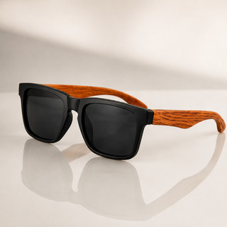 Óculos de Sol Masculino Quadrado Preto com Haste Efeito Madeira, Estilo Premium