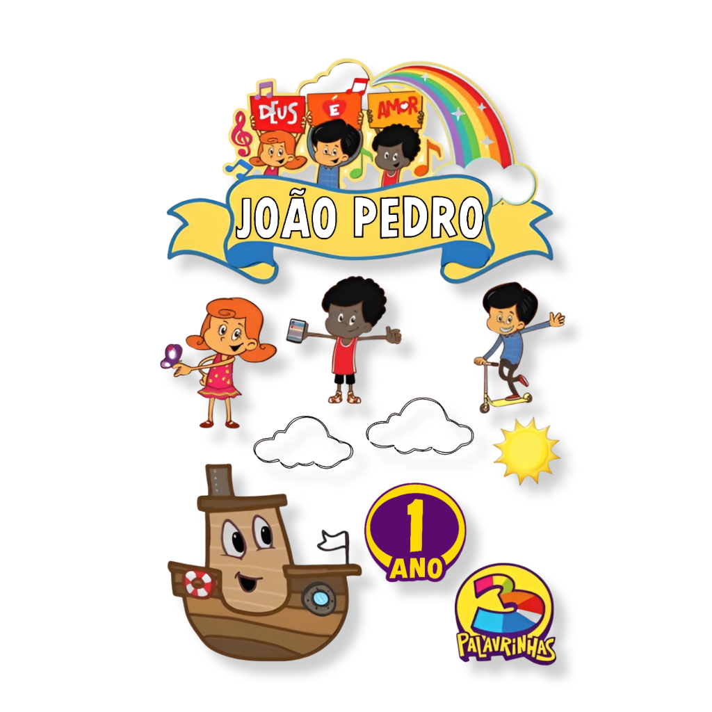 Topo Topper de Bolo 3 Palavrinhas Três Deus é Amor Personalizado Nome Idade - Mod2 QP-9