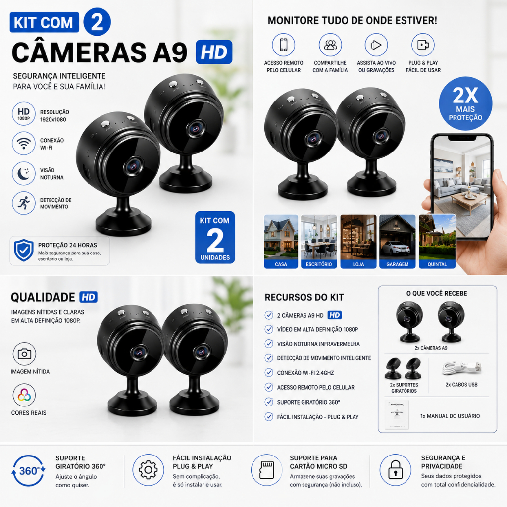 KIT C/2 Câmera A9 Mini HD Sensor De Presença WI FI 11 Grava Em Cartão de Memória Com Suporte