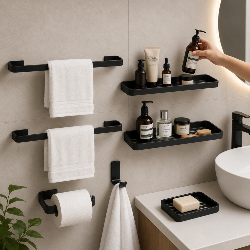 Kit Acessórios Para Banheiro 6 Peças Preto Fosco Com Toalheiro E Prateleira