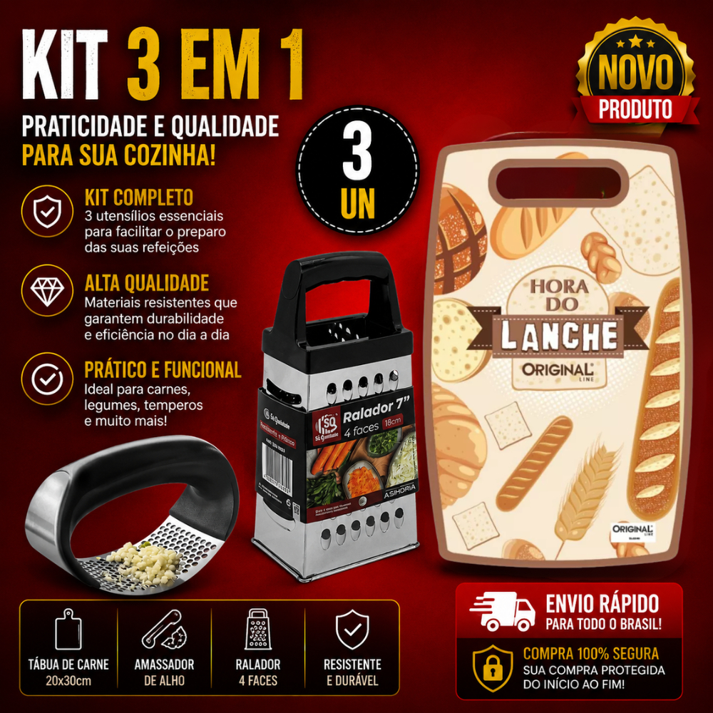 Kit 3 em1 Tabua de Carne 20X30 + Amassador de Alho+  Ralador 4 Faces de Cozinha para Carne Legumes