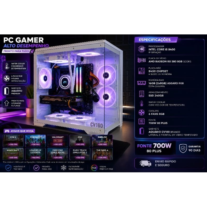 🔥 PC Gamer RGB i5 8400 + RX 580 8GB | 16GB RAM | SSD 240GB | Water Cooler com Di