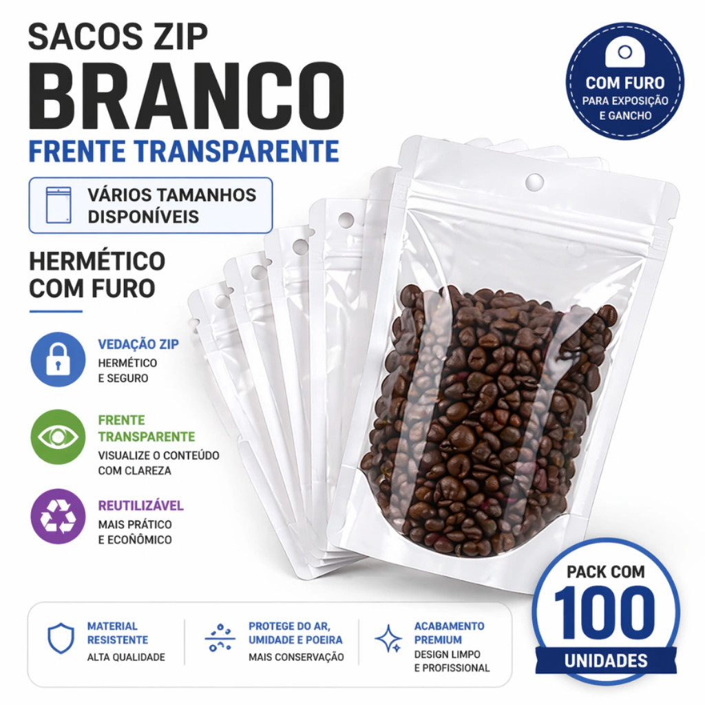 Saco Zip Branco Hermético Impermeável com Visor Transparente 50 unidades ou 100 unidades