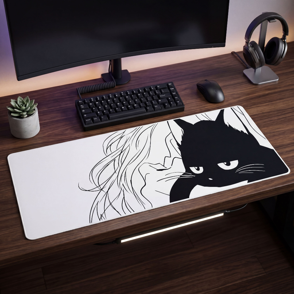 Mouse Pad Gamer Antiderrapante 80x30 Ou 90x40 Cat Bad Girl Street God Vibes Vintage Gato Preto Fofo Anime