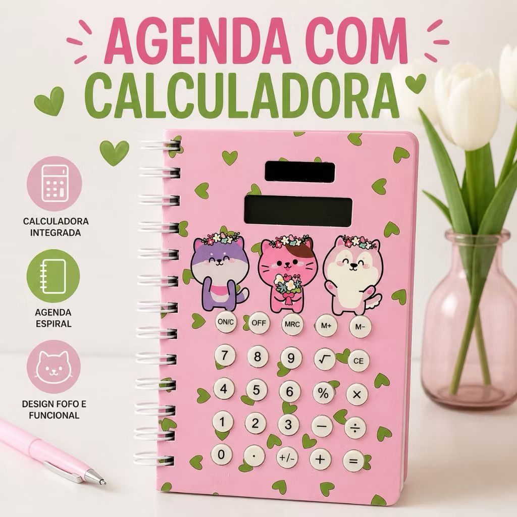 Agenda Caderno com Calculadora Solar Embutida 3 animais 80 Páginas Capa Dura - Sem Uso de Pilhas