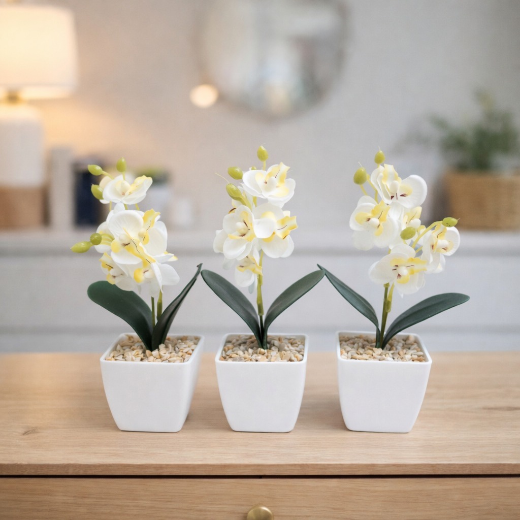 Kit com 3 Mini Arranjos de Orquídea Branca Artificial, Kit com 3 Vasos de Orquídea Branca, Vaso Decorativo