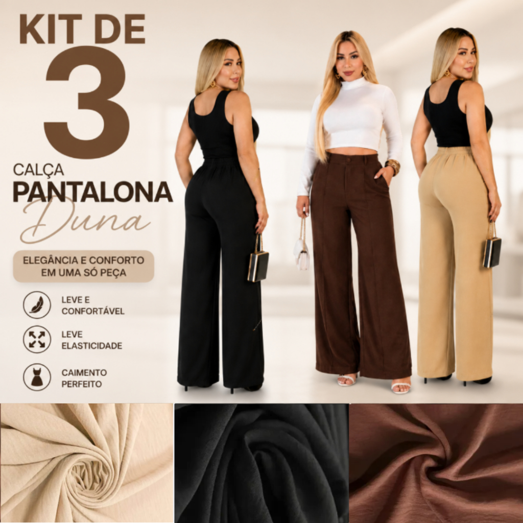 Kit 3 Calça Pantalona Feminina Wide Leg Duna Cintura Alta com Botão