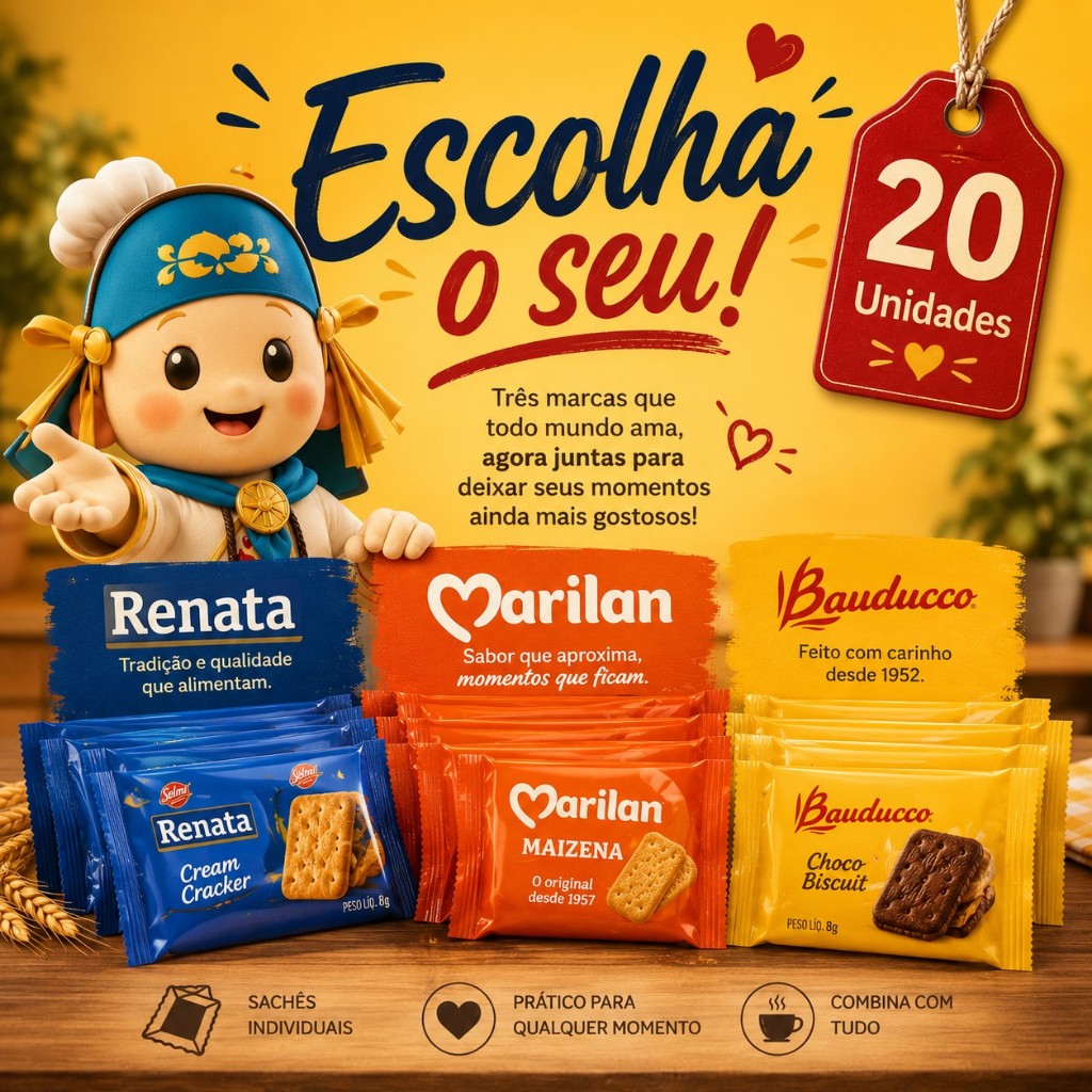 KIT 20 SACHÊS BISCOITO BAUDUCCO / RENATA / MARILAN - SABORES VARIADOS