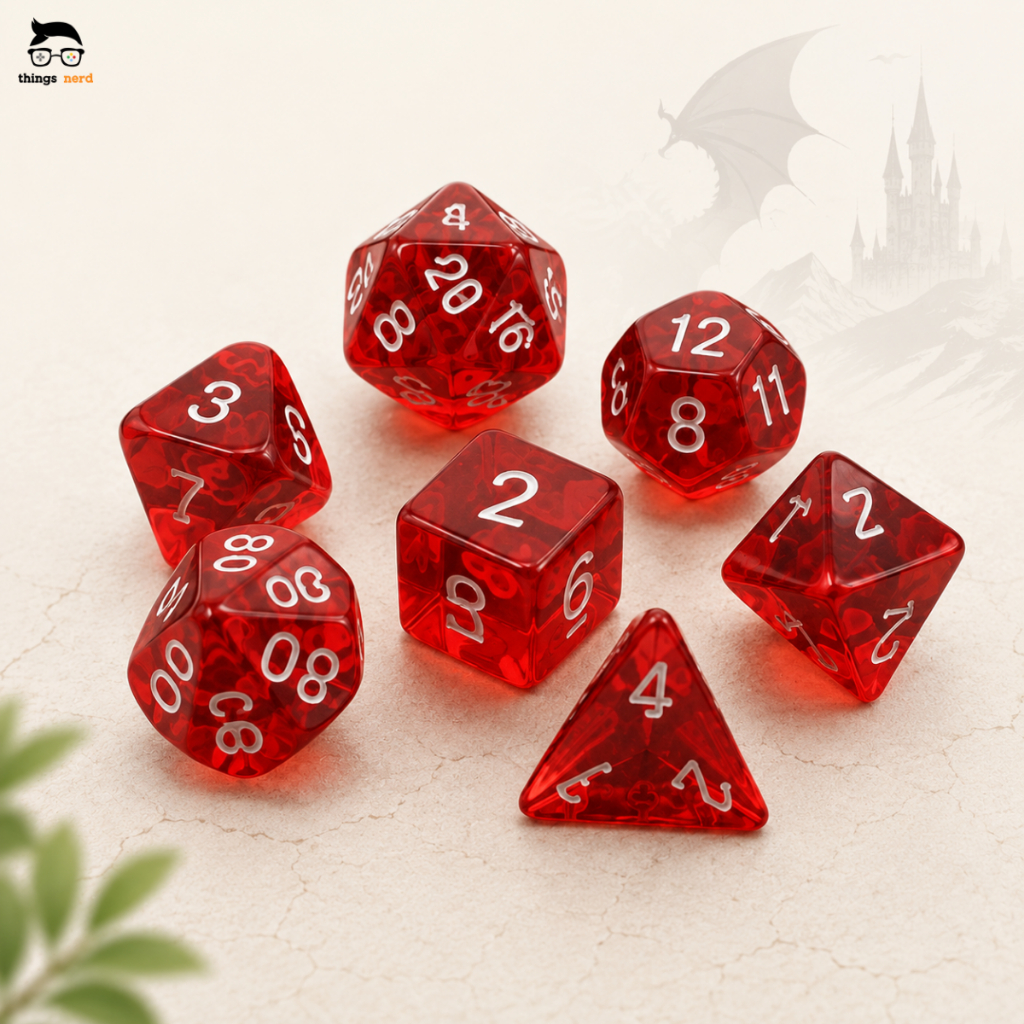 Kit 7 Dados RPG Vermelho D4 D6 D8 D10 D10% D12 D20 + Bolsa de Veludo Dungeons and Dragons Boardgames