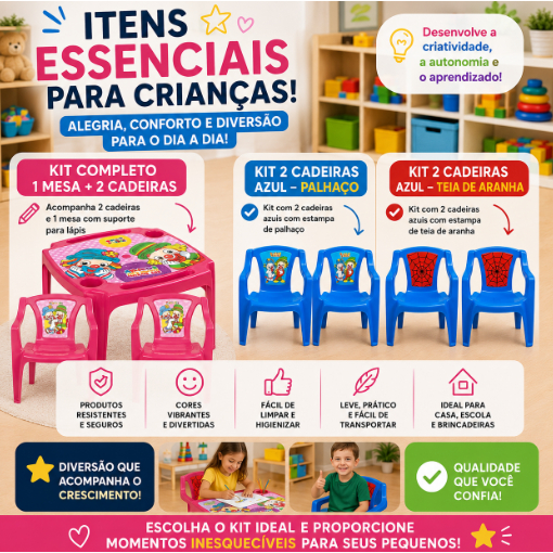 Mesa Infantil com Porta Lápis e 2 Cadeiras -Kit Poltrona Palhaço - Kit Poltrona Aranha