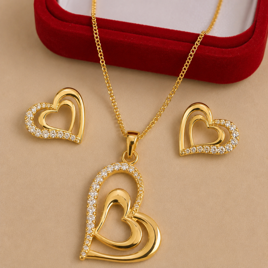 🌸Kit Presente Feminino Colar Coração e Brincos Semijoia Banhado a Ouro 18K Antialérgico🌸